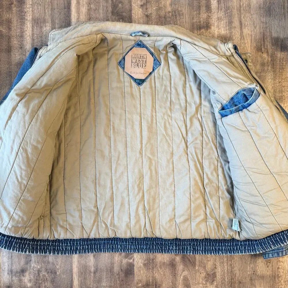 VTG 90s Denim Bomber Jacket 100% Cotton Heavyweight Utility Y2K Jean Unisex XL